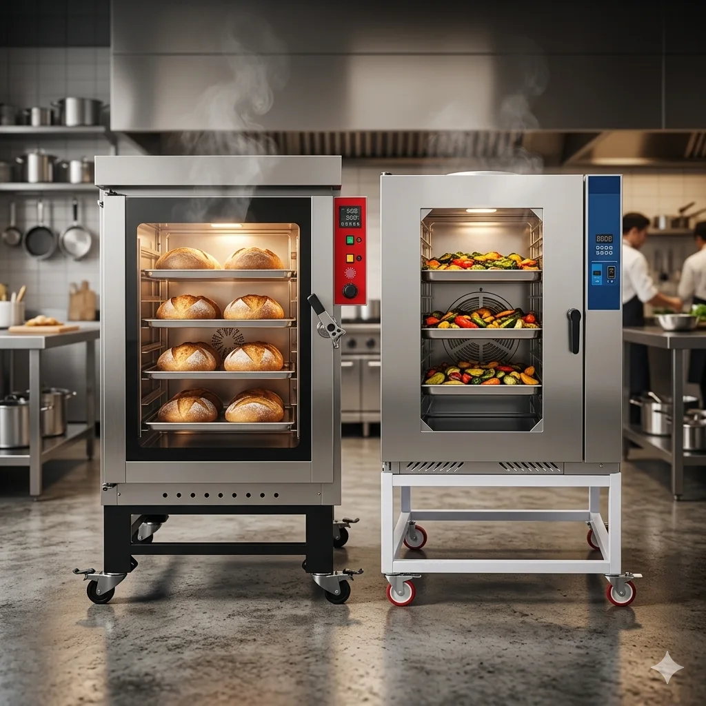 Hornos convectores industriales de alta tecnología, esenciales para el equipamiento de cocinas profesionales.