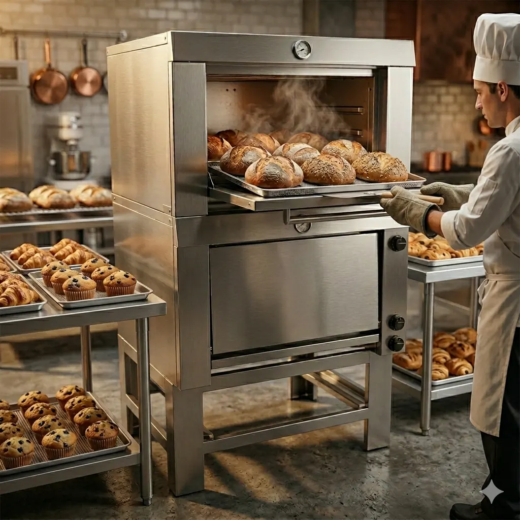 Equipamiento profesional para panadería industrial, destacando un horno de piso de alta capacidad en pleno funcionamiento.