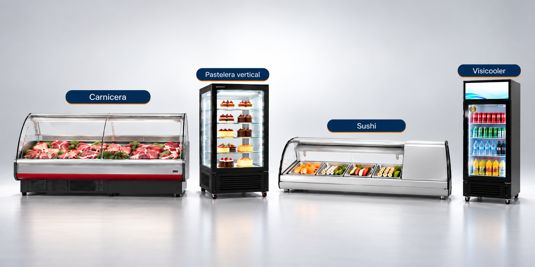 ¿Cuáles son los diferentes tipos de vitrinas refrigeradas? 2 vitrinas refrigeradas para negocio: carnicera, pastelera vertical,sushi y ¿el visicooler?